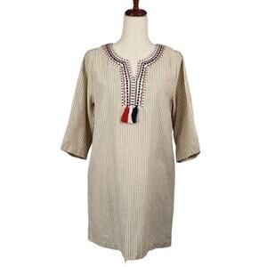 Hayden Tunic Dress Embroidered Split Neck Tassels Striped Womens Size Medium New